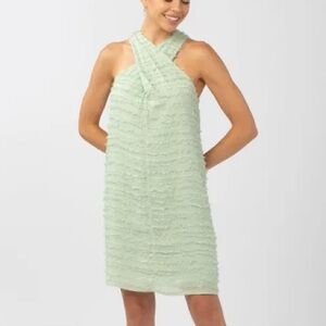 Abbey Glass Alys Cross Front Halter Dress Green Fringe Shift Knee Length Size S